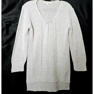 Miami Handcrafted Womens Sweater Tie Vneck HiLow Slit Sweater Gray Sz M USA Made